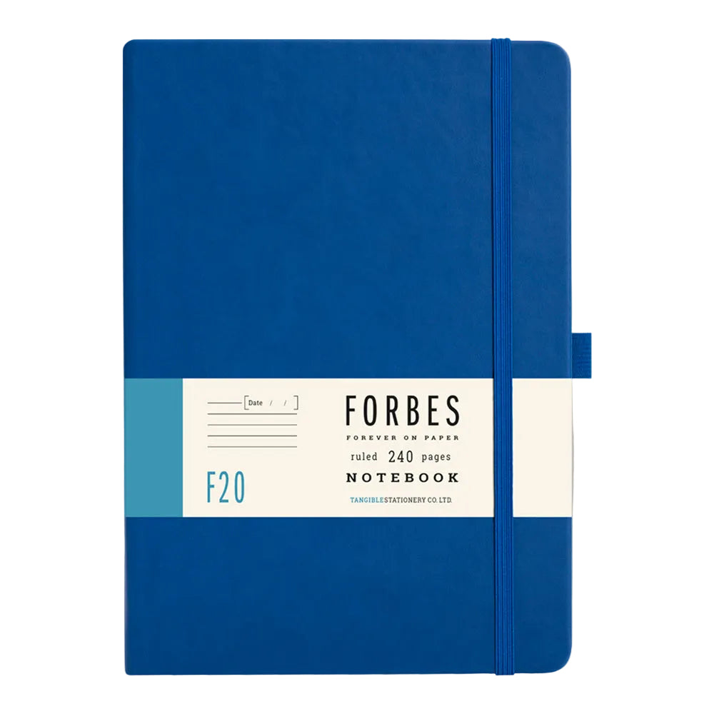Blue notebook with Forbes branding on a light gray background