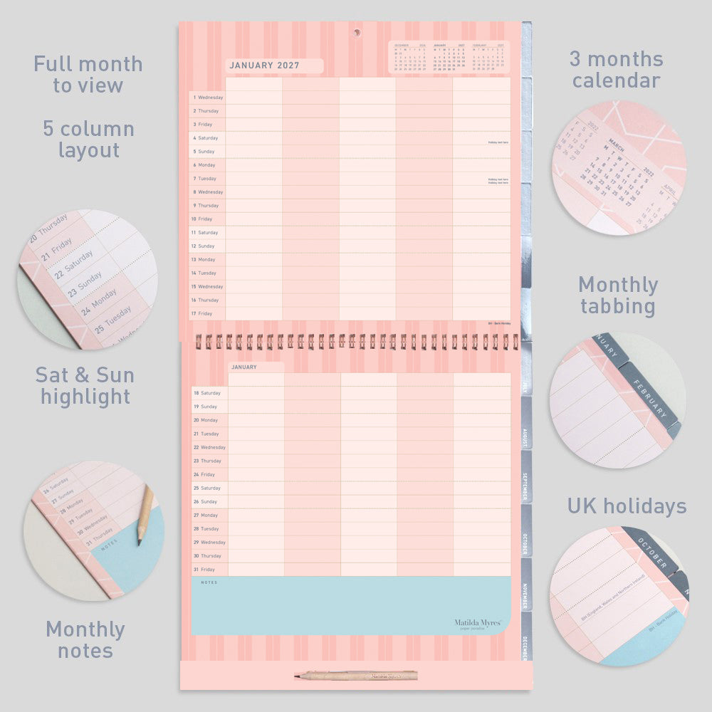 Matilda Myres | 2027 Monthly Five Column Family Calendar | Month-to-View in Grey