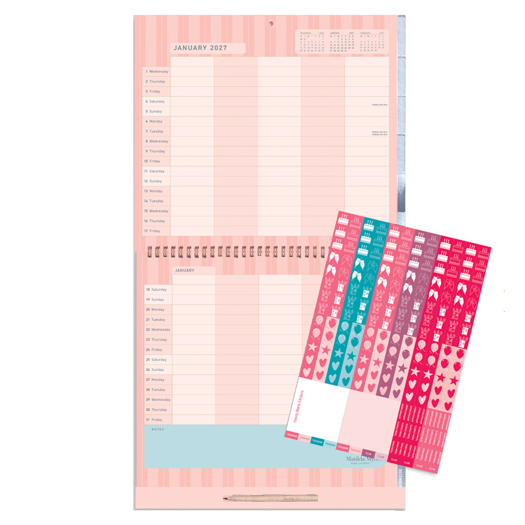 Matilda Myres | 2027 Monthly Five Column Family Calendar | Month-to-View in Pink