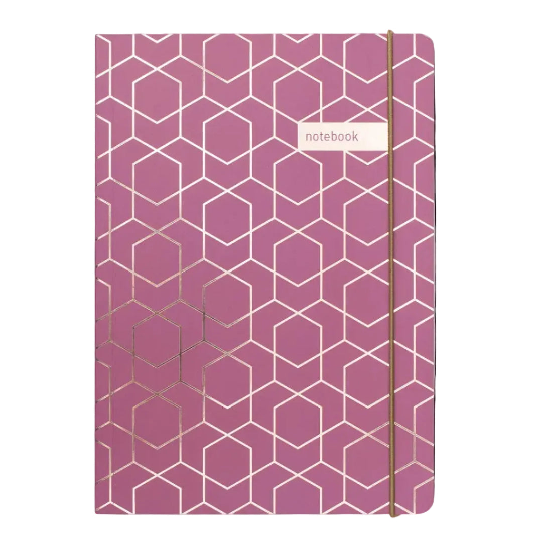 Pink notebook with geometric pattern on a light gray background