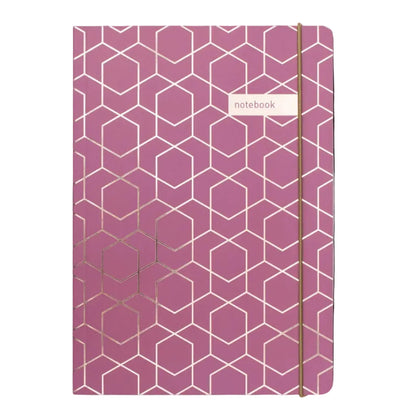 Pink notebook with geometric pattern on a light gray background