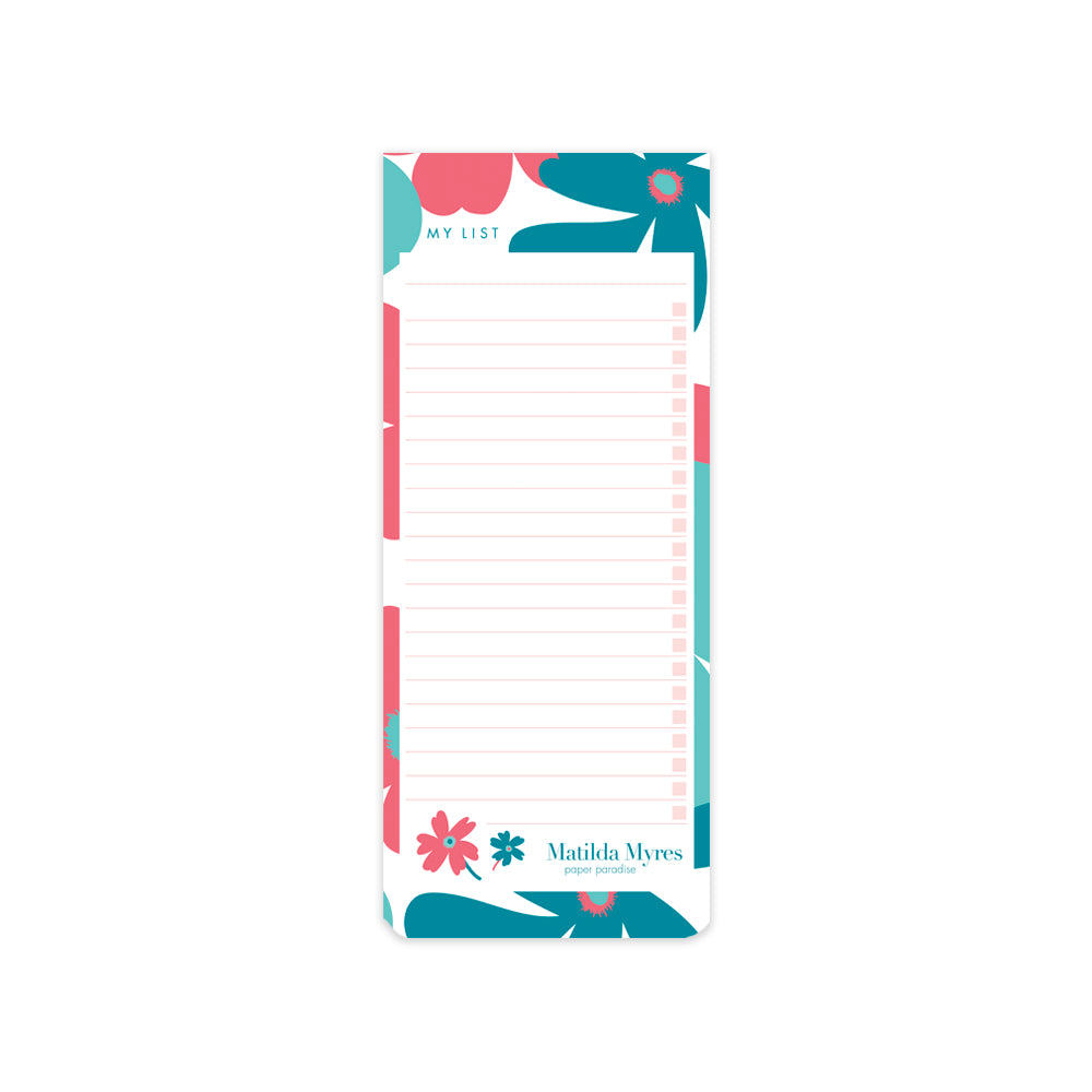 Matilda Myres | Slim List Pad with Magnetic Strip | Teal Floral
