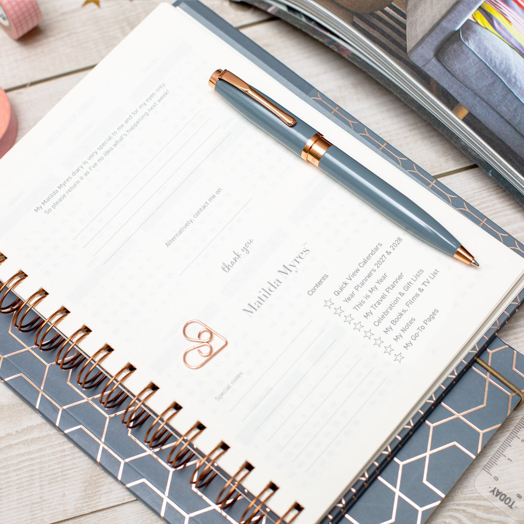 Matilda Myres | 2027 Diary - A5 Weekly Planner with Rose Gold Wiro | Week-to-View in Grey